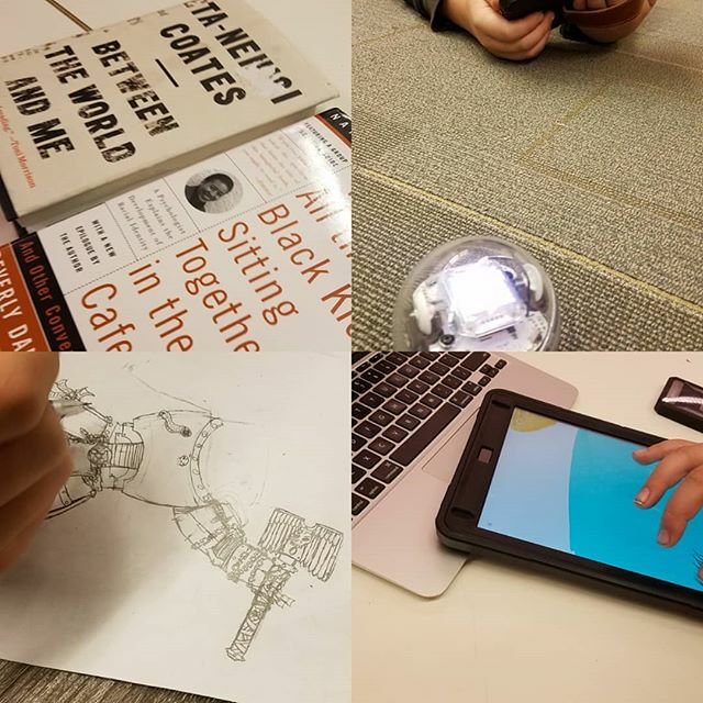 A collage of four photos: The top left shows two book covers,  Between the World and Me and Why Are all the Black Kids Sitting Together in the Cafeteria. Top right: a Sphero robot on a carpet with a student's hand in the background. Bottom left: A hand using a pencil to draw an arm holding an axe. Bottom right: a hand on an iPad lying on top of a laptop.