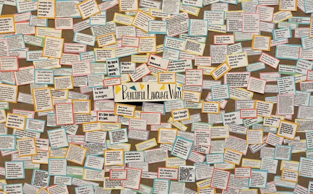 Bulletin board filled with small typed excerpts of student writing