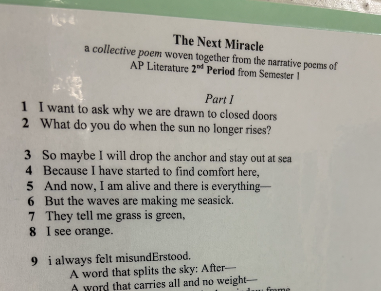 A poem containing individual numbered lines written by different students.