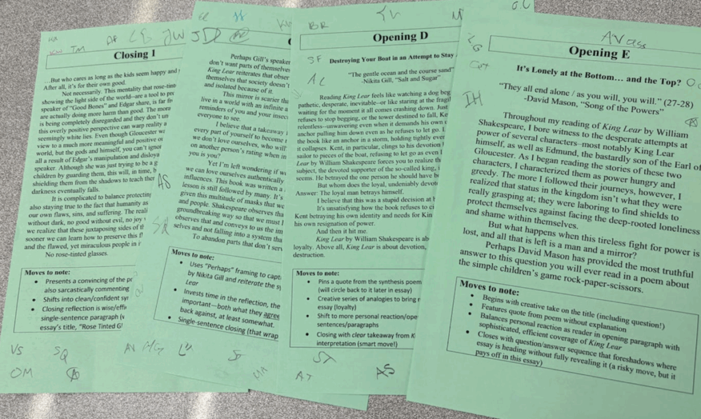 Four sheets of paper, each containing a different written example of a student opening for an essay, with other students' initials hand-written on them