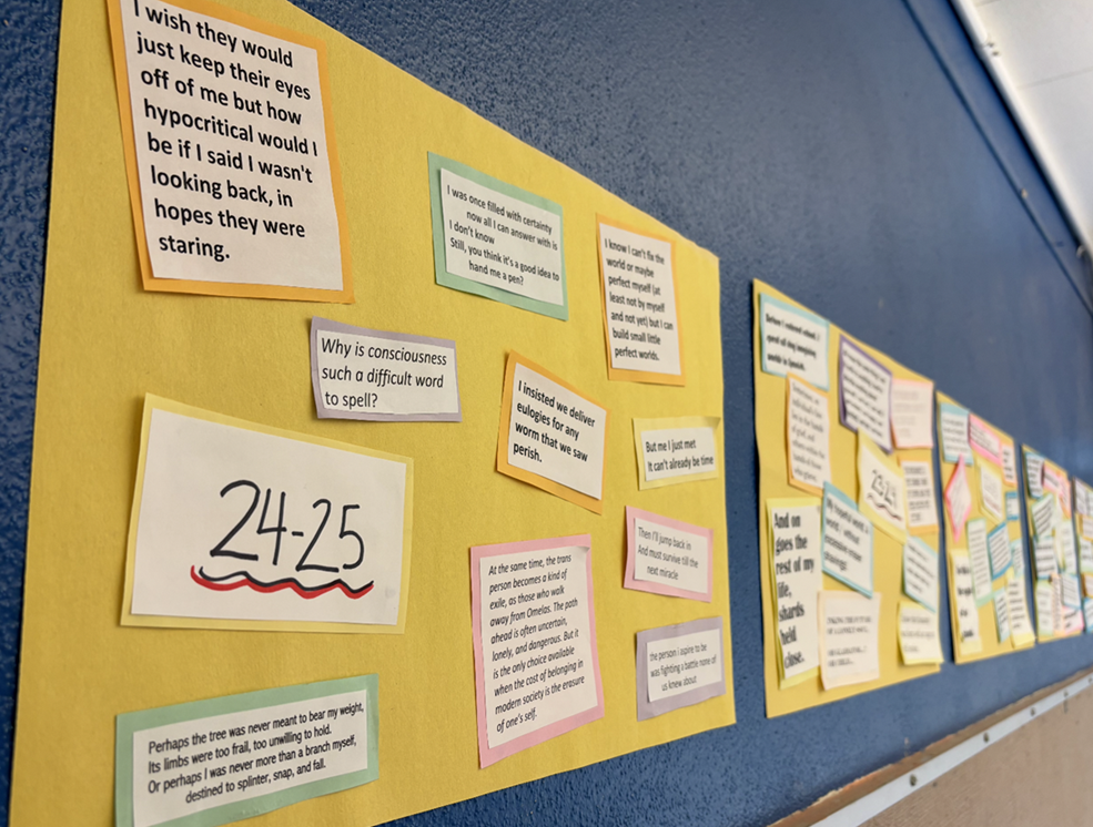 A bulletin board display that contains ten typed sentences on colored card stock for each school year.