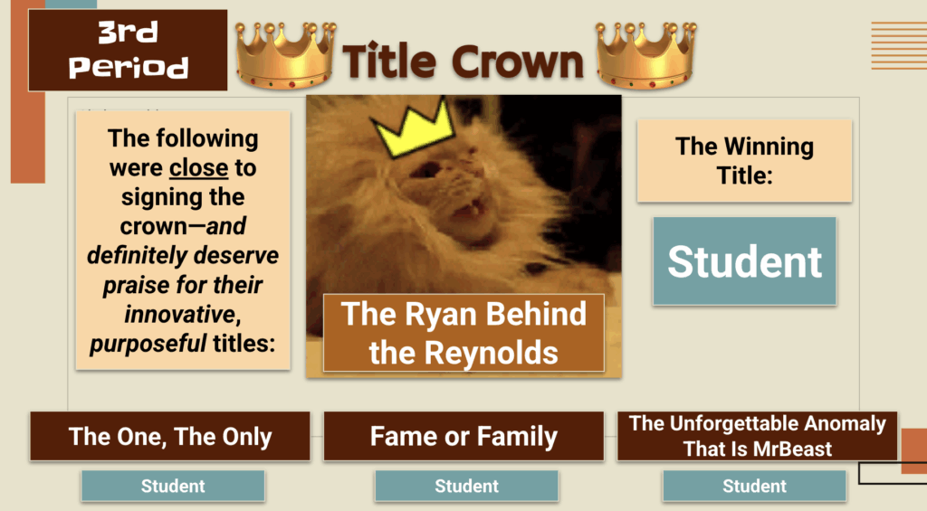Screenshot of a PowerPoint slide that lists several students' titles that have won recognition as best titles