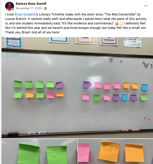 A classroom whiteboard with two horizontal rows of colored post-it notes.
